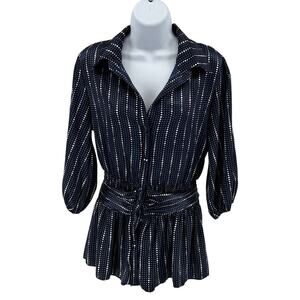 Charlotte Russe Blouse Womens L Navy Blue Polka Dot 3/4 Sleeve Peplum Waist Tie